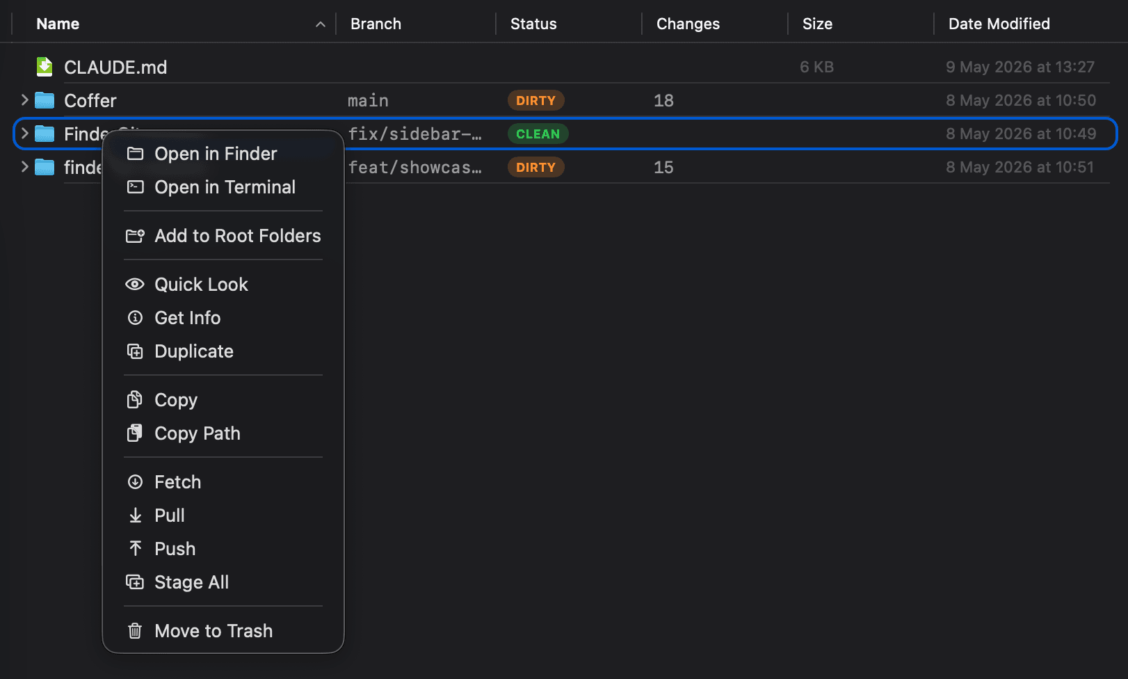 Context menu on a repository folder