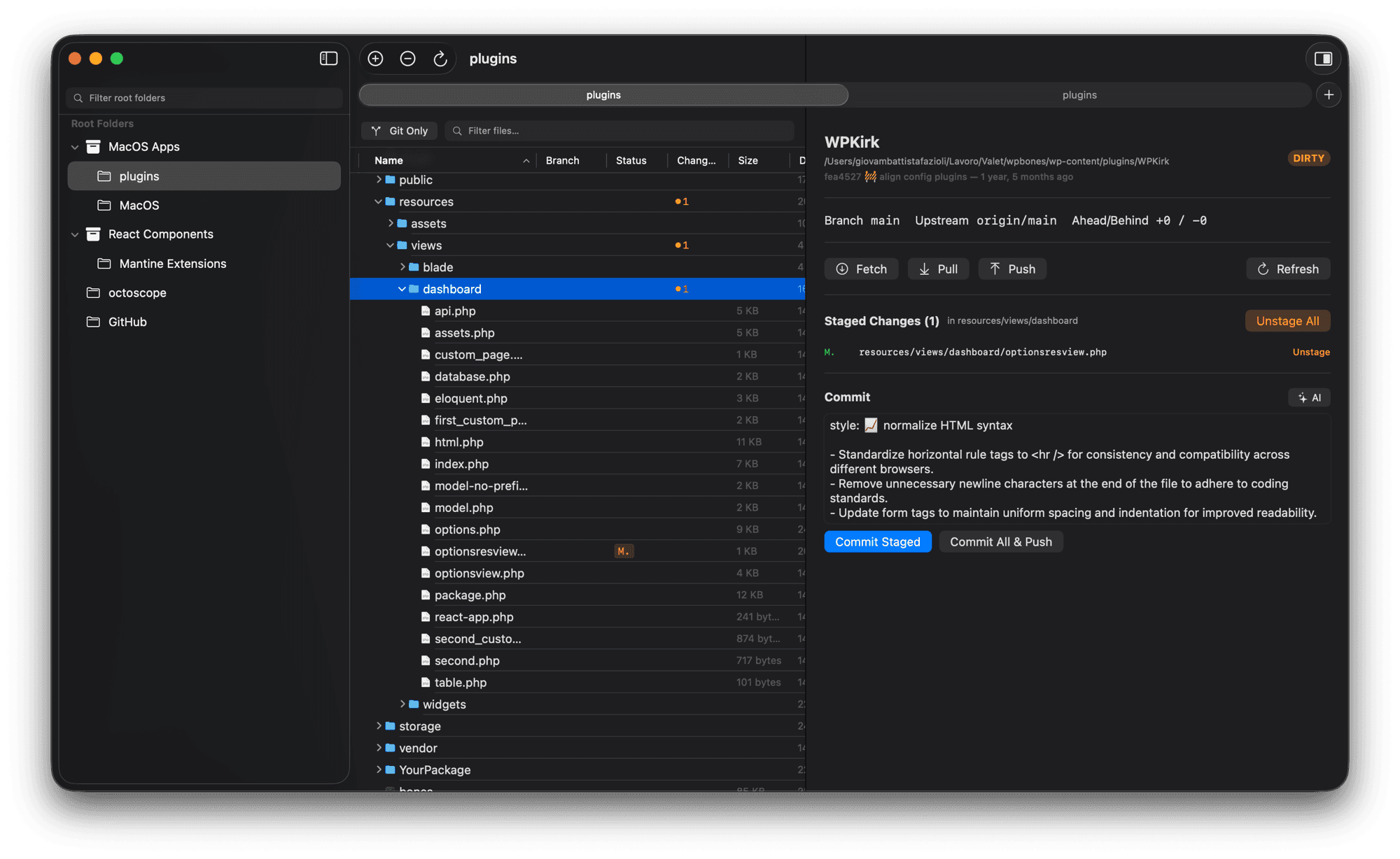 Repository detail panel with changes list, Stage/Unstage and commit area
