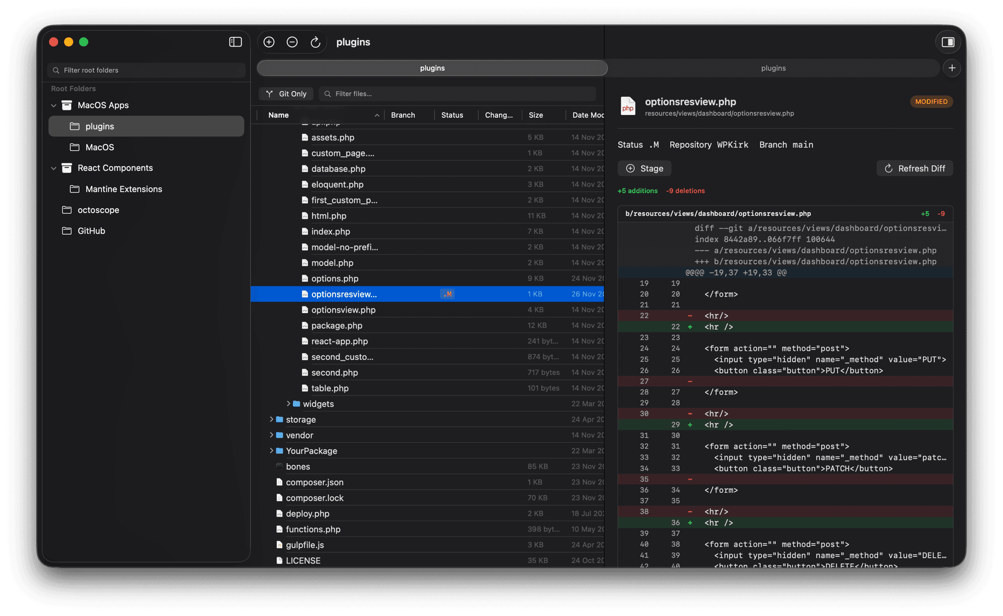 Inline diff viewer with colored additions and deletions