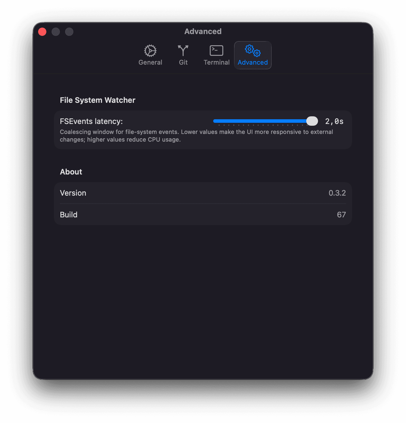 Settings — Advanced tab