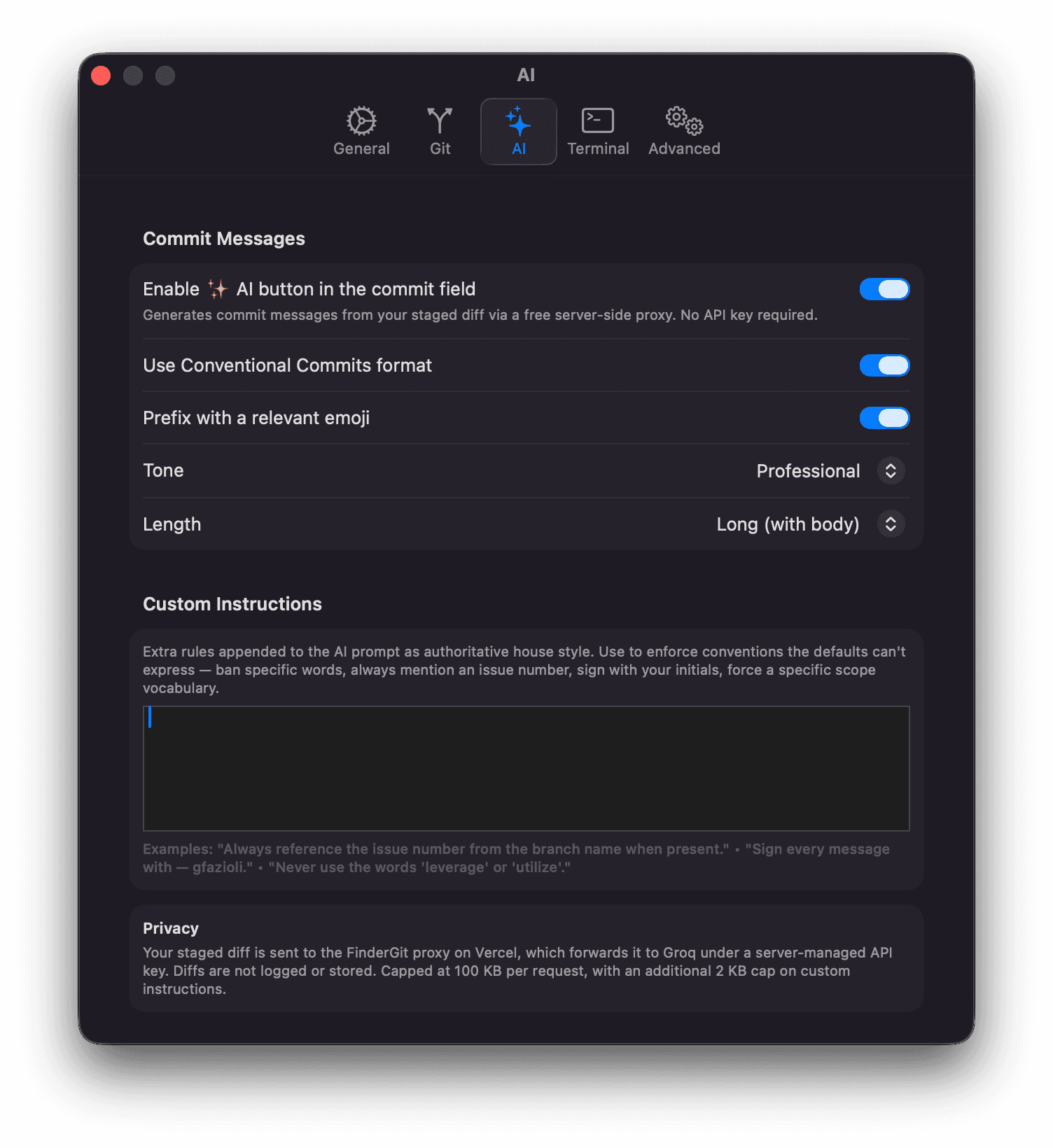 Settings — AI tab