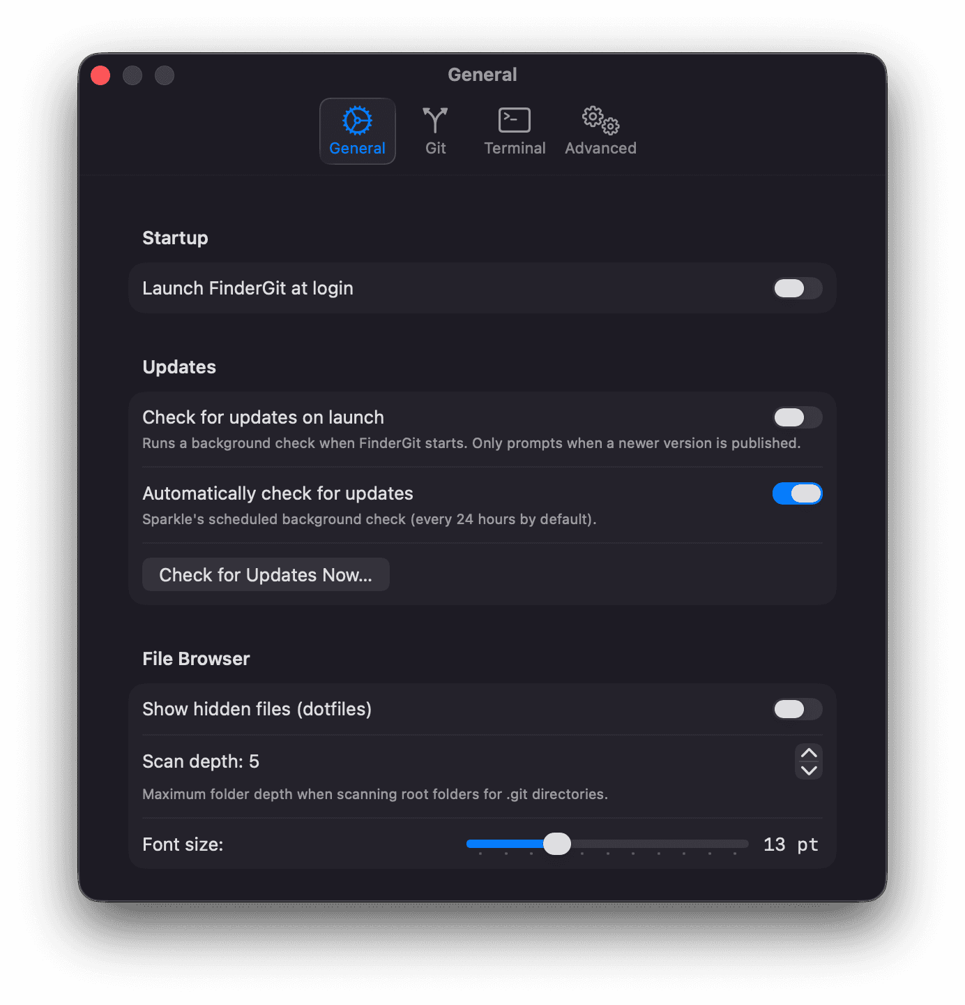 Settings — General tab