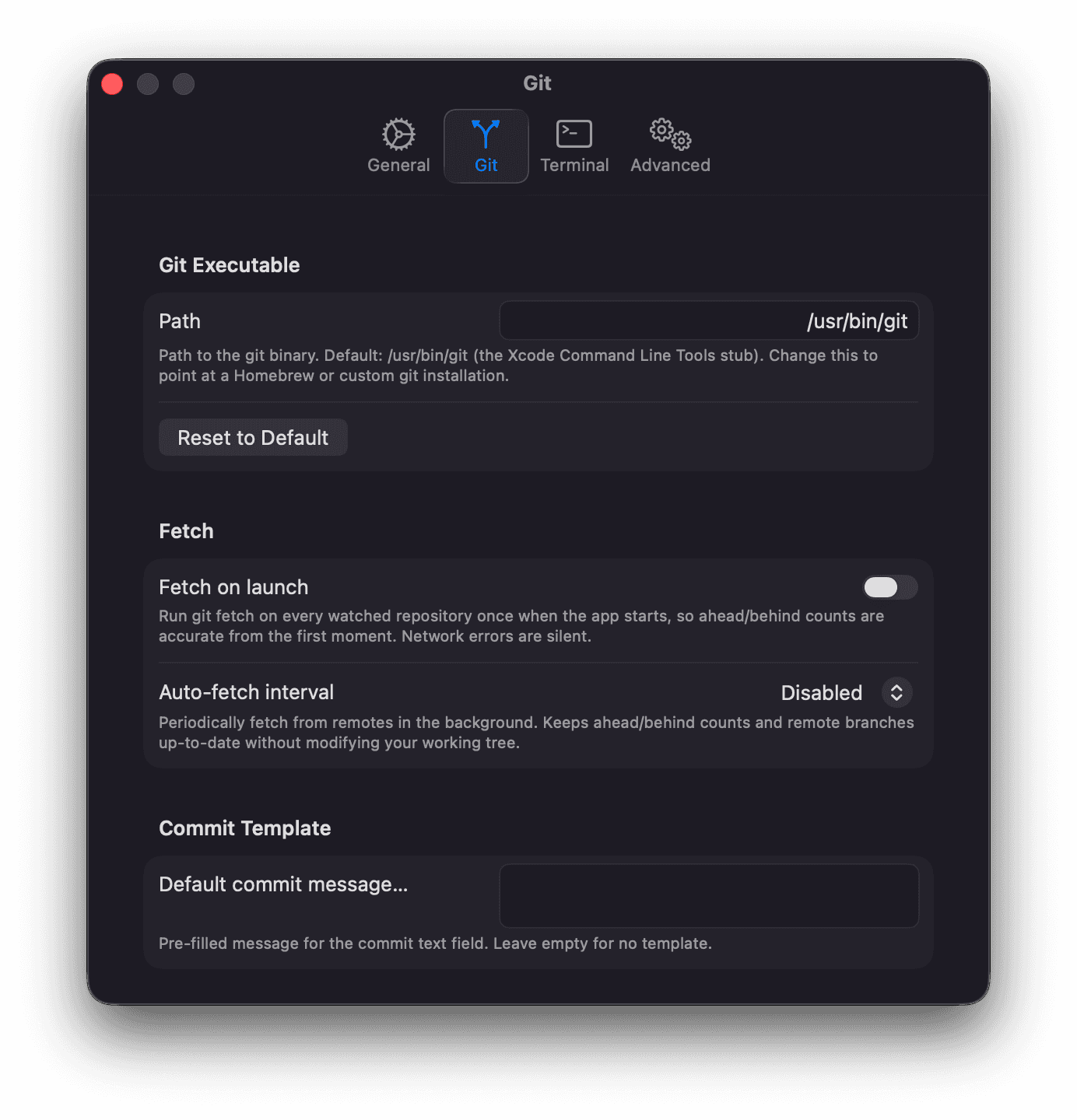 Settings — Git tab