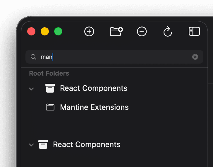 Sidebar with the filter field active and a virtual group expanded